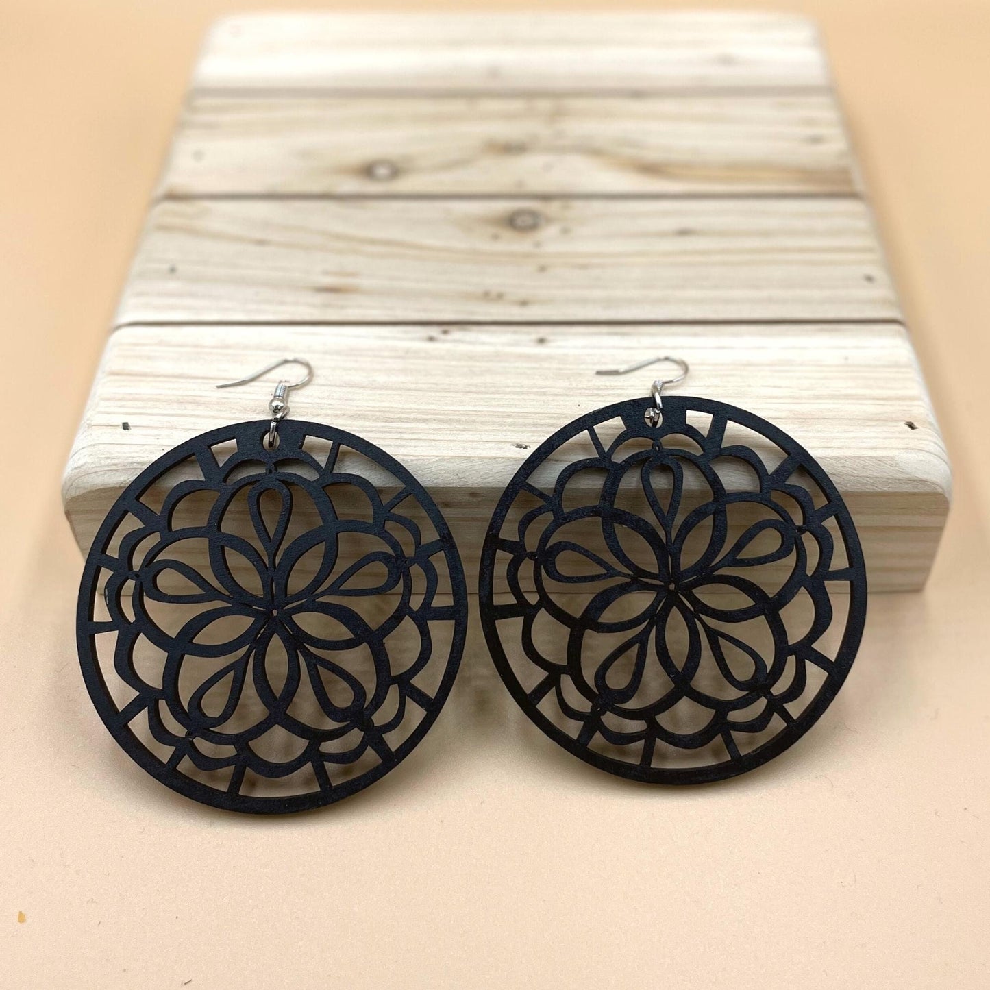 Mandala Black Wooden Earrings