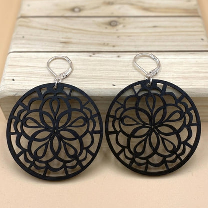 Mandala Wood Earrings | Laser Cut | Boho Statement Jewelry (Natural or Black Wood)