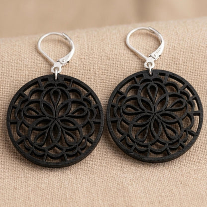 Mandala Wood Earrings | Laser Cut | Boho Statement Jewelry (Natural or Black Wood)
