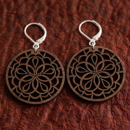 Mandala Wood Earrings | Laser Cut | Boho Statement Jewelry (Natural or Black Wood)