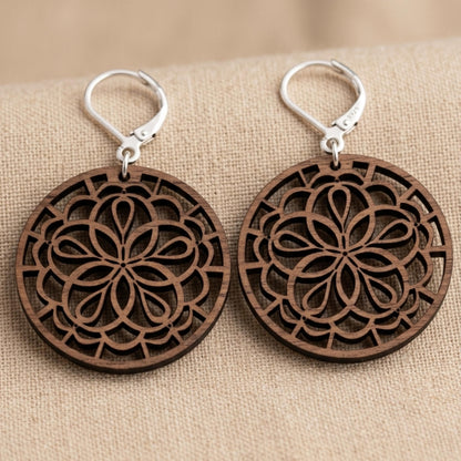 Mandala Wood Earrings | Laser Cut | Boho Statement Jewelry (Natural or Black Wood)