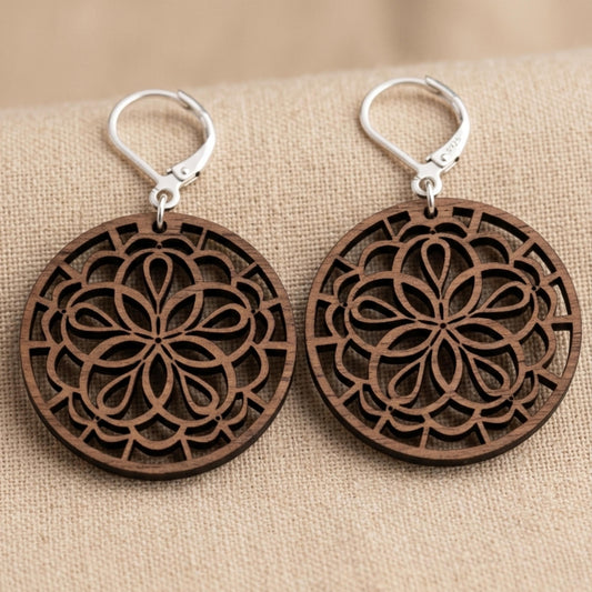 Mandala Wood Earrings | Laser Cut | Boho Statement Jewelry (Natural or Black Wood)